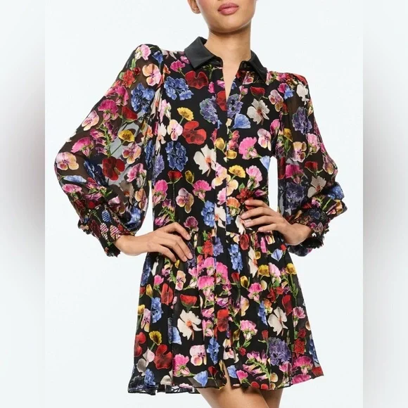 Alice + Olivia BERTHA MINI SHIRT DRESS Sz L / 12 Timeless Blossom Floral - Picture 1 of 13